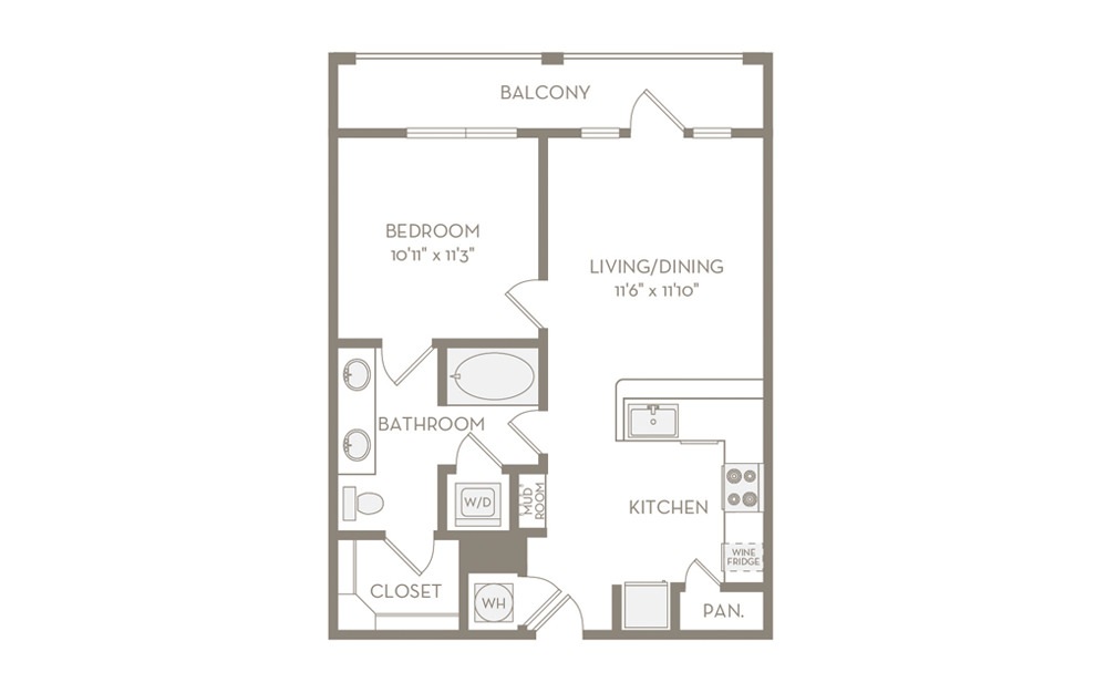 A2 - 1 bedroom floorplan layout with 1 bath and 664 square feet.