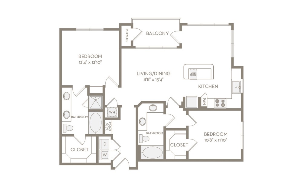 B2 - 2 bedroom floorplan layout with 2 baths and 1141 square feet.