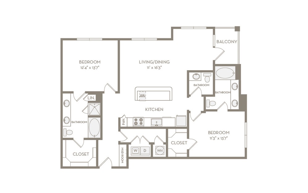 B4 - 2 bedroom floorplan layout with 2.5 baths and 1313 square feet.