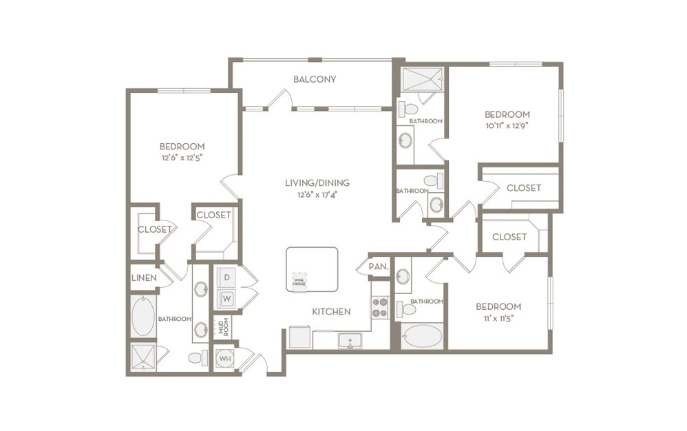 C1 - 3 bedroom floorplan layout with 3.5 baths and 1558 square feet.