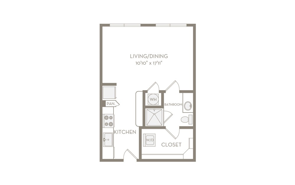 Studio 1 - Studio floorplan layout with 1 bath and 493 square feet.