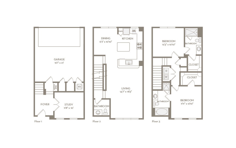 TH2 - 2 bedroom floorplan layout with 2.5 baths and 1601 square feet.