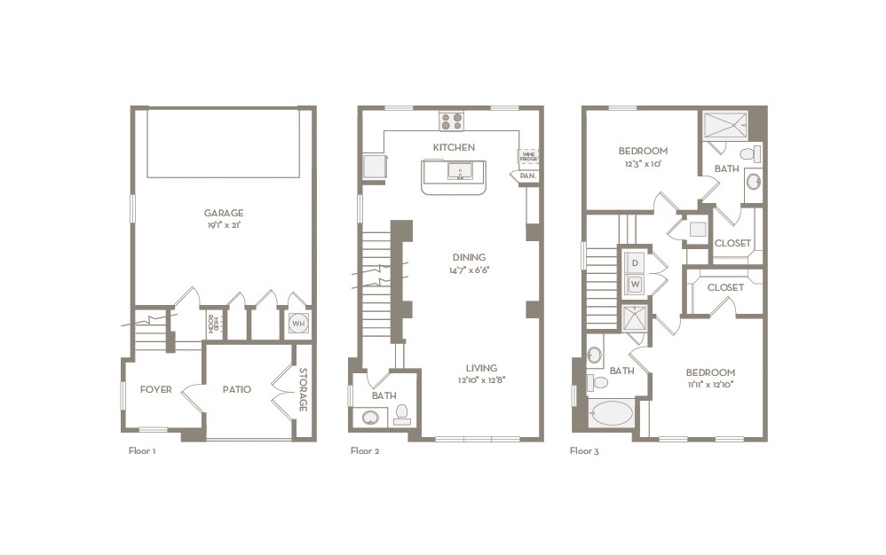 TH3 - 2 bedroom floorplan layout with 2.5 baths and 1499 square feet.